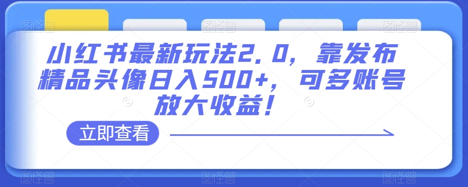 小红书最新玩法2.0，靠发布精品头像日入500+，可多账号放大收益！【揭秘】_中创网,自媒体短视频教学_网创项目_网络创业无忧资源网