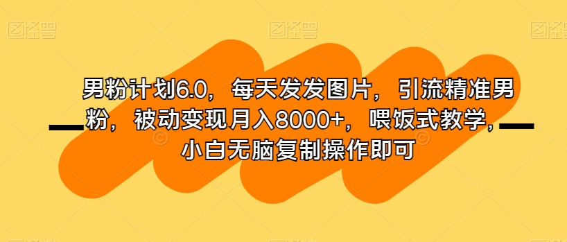 男粉计划6.0，每天发发图片，引流精准男粉，被动变现月入8000+，喂饭式教学，小白无脑复制操作即可_中创网,自媒体短视频教学_网创项目_网络创业无忧资源网