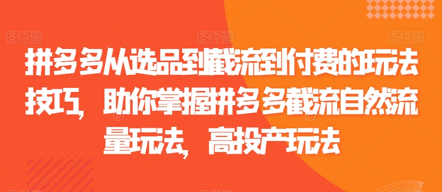 拼多多从选品到截流到付费的玩法技巧，助你掌握拼多多截流自然流量玩法，高投产玩法_中创网,自媒体短视频教学_网创项目_网络创业无忧资源网