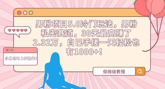 男粉项目5.0冷门玩法，男粉私密赛道，30天最高赚了2.32万，自己手搓一天轻松也有1000+【揭秘】_中创网,自媒体短视频教学_网创项目_网络创业无忧资源网