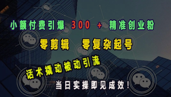 小额付费引爆 300 + 精准创业粉，零剪辑、零复杂起号，话术撬动被动引流，当日实操即见成效_中创网,自媒体短视频教学_网创项目_网络创业无忧资源网