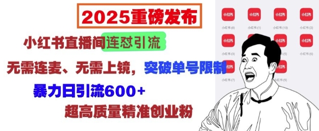 2025重磅发布：小红书直播间连怼引流，无需连麦、无需上镜，突破单号限制，暴力日引流600+_中创网,自媒体短视频教学_网创项目_网络创业无忧资源网