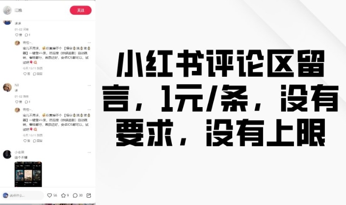 小红书评论区留言，1元条，没有要求，没有上限_中创网,自媒体短视频教学_网创项目_网络创业无忧资源网