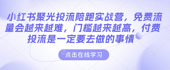 小红书聚光投流陪跑实战营，免费流量会越来越难，门槛越来越高，付费投流是一定要去做的事情_中创网,自媒体短视频教学_网创项目_网络创业无忧资源网