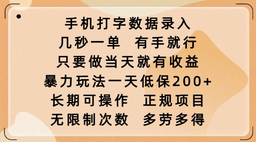 手机打字数据录入，几秒一单，有手就行，只要做当天就有收益，暴力玩法一天低保2张_中创网,自媒体短视频教学_网创项目_网络创业无忧资源网