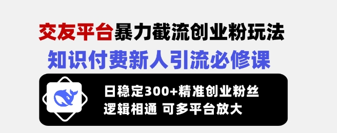 交友平台暴力截流创业粉玩法，知识付费新人引流必修课，日稳定300+精准创业粉丝，逻辑相通可多平台放大_中创网,自媒体短视频教学_网创项目_网络创业无忧资源网