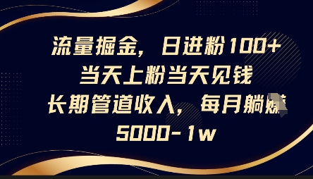 流量掘金，日进粉100+，当天上粉当天见钱，长期管道收入，每月躺挣5k_中创网,自媒体短视频教学_网创项目_网络创业无忧资源网