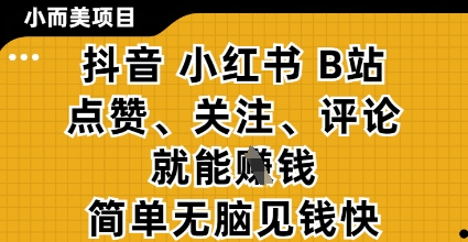 小而美的项目，抖音小红书B站视频点赞、关注、评论就能挣钱，简单无脑立见收益，妥妥的零撸项目【揭秘】_中创网,自媒体短视频教学_网创项目_网络创业无忧资源网