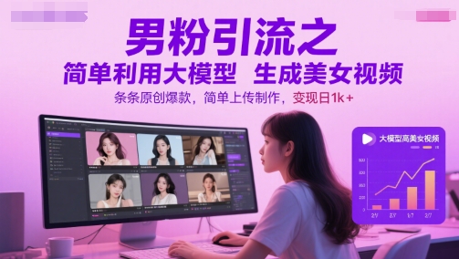 男粉引流之简单利用大模型生成美女视频，条条原创爆款，简单上传制作，变现日1k+_中创网,自媒体短视频教学_网创项目_网络创业无忧资源网